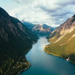 dock on a lake with a forest in the background